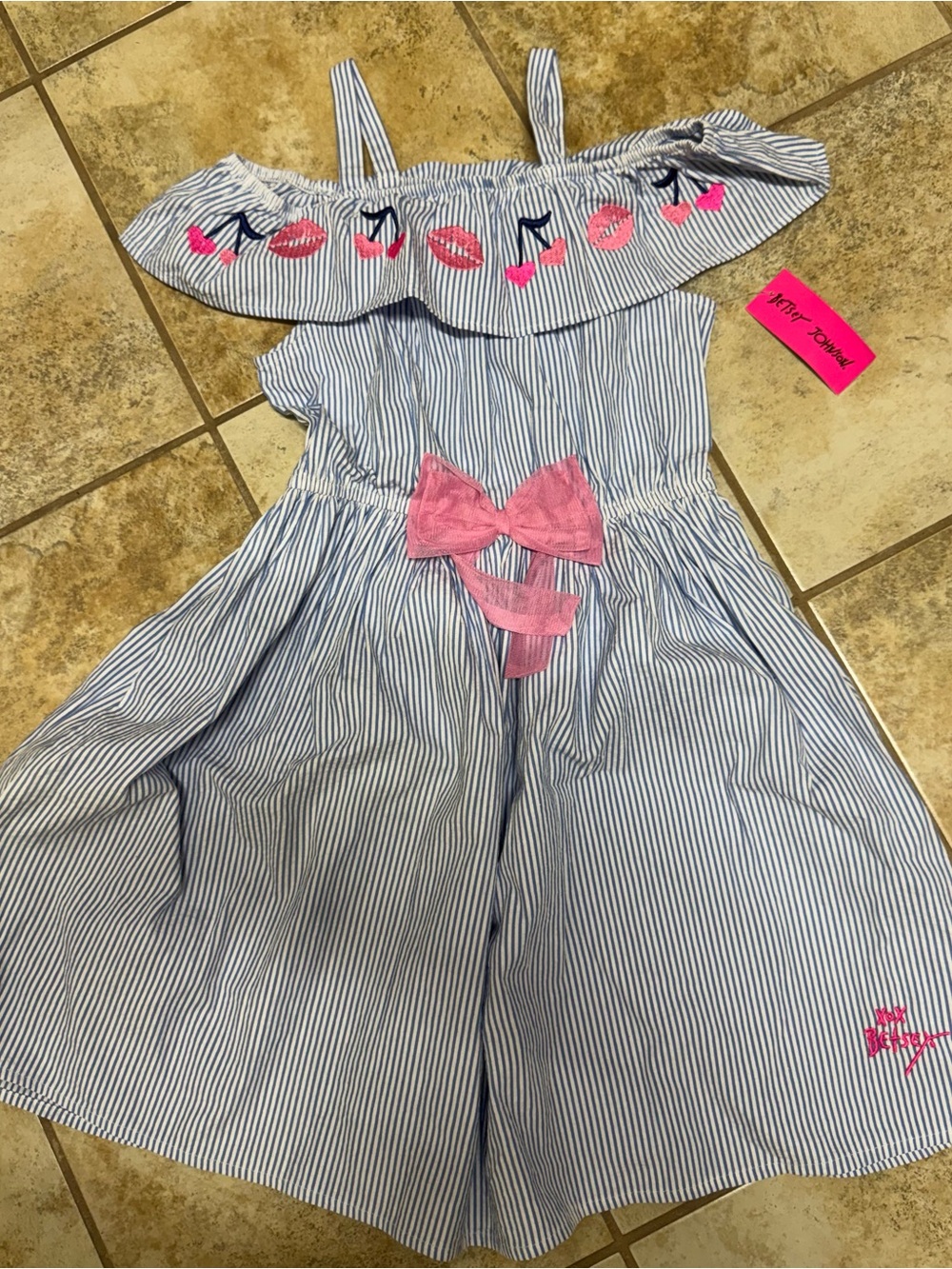 Girls' Betsey Johnson Blue & White Striped Off-Shoulder Jumpsuit with Pink Bow